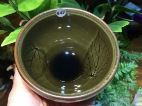 曹斌 冰裂纹 全玻化 青龙双叶盏:口径9*5.3