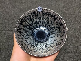 曹永 黑底银斑斗笠盏:口径10*4.8