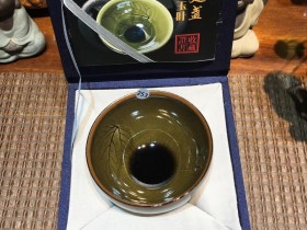 曹斌 青龙玉叶-双叶盏 口径8.5*5.3 带釉泪