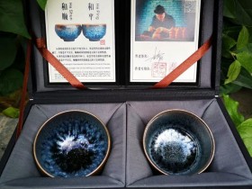 李光熙师傅,最最经典的孔雀开屏油滴,和平和顺~对杯,口金边